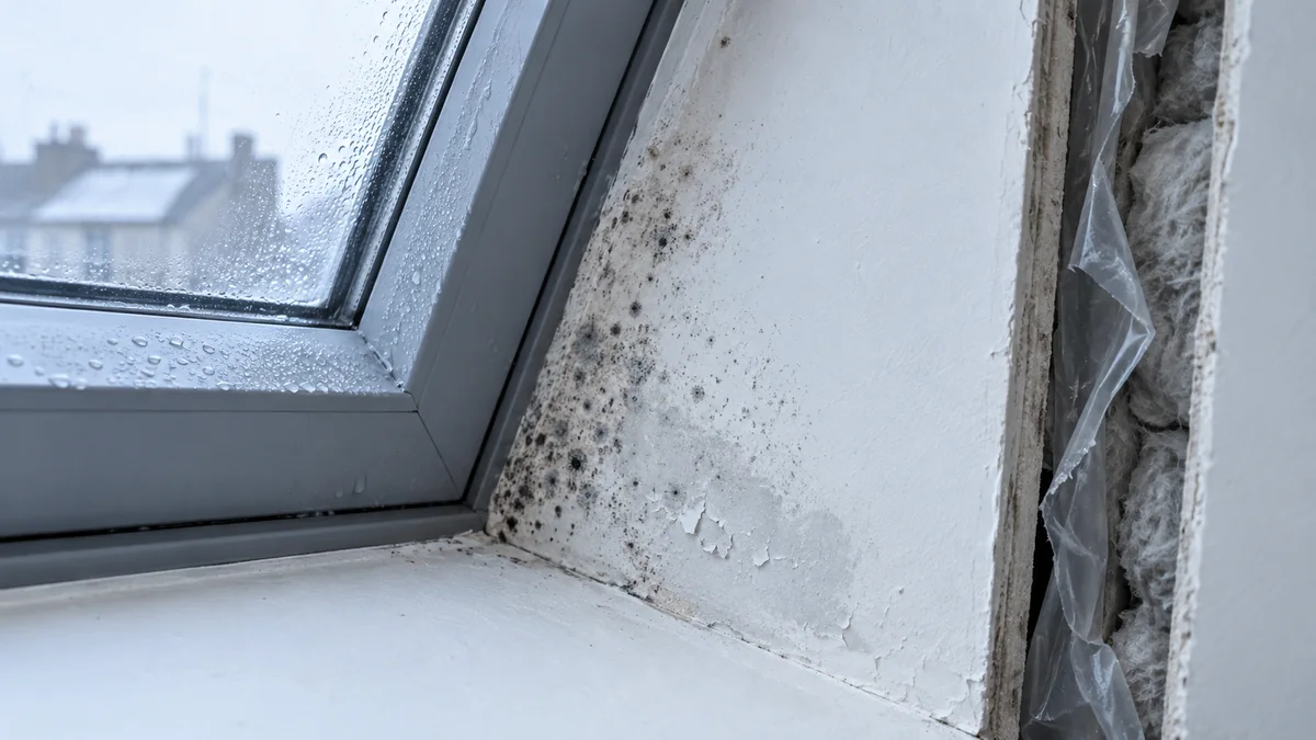 Angle d'une fenêtre de toit dans un rampant en plaques de plâtre, avec des moisissures noires en éventail sur l'ébrasement, des gouttes de condensation, une peinture qui s'écaille et, dans un interstice, un film plastique déchiré laissant voir la laine grise