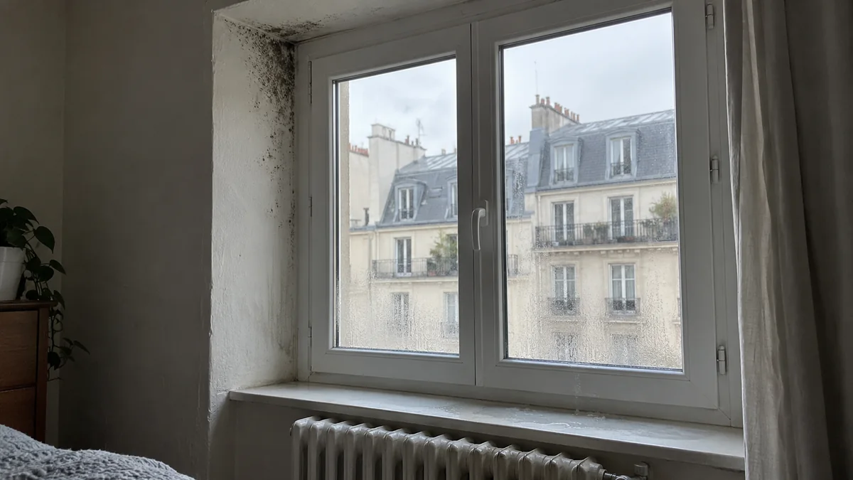 Fenêtre neuve en PVC blanc posée dans un appartement ancien : taches noires de moisissure dans l'angle du tableau et sous le linteau, buée en bas du vitrage et radiateur en fonte sous l'appui