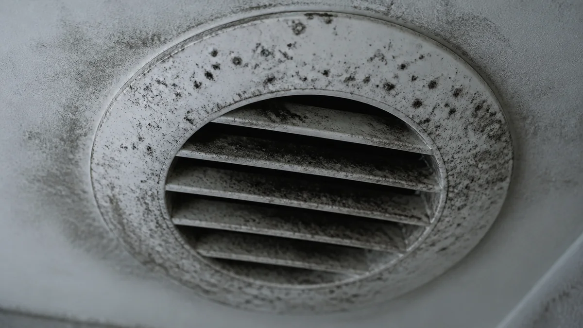 Grille de bouche d'extraction de VMC encrassée et couverte de moisissures noires, montée en plafond