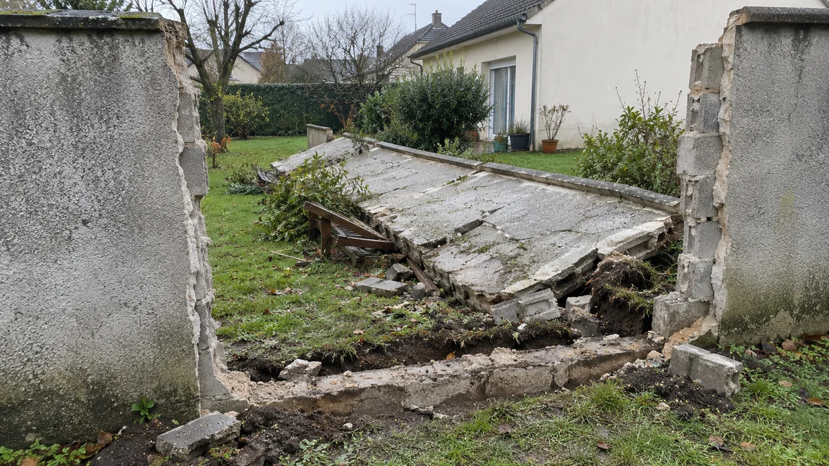 Pan de mur de clôture en parpaings enduits tombé d'un bloc sur la pelouse du jardin voisin, banc de jardin écrasé, semelle de fondation peu profonde arrachée du sol entre les deux parties restées debout