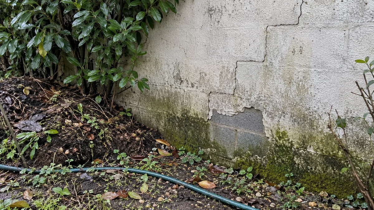 Pied d'un mur de clôture enduit vu côté jardin : terre et compost accumulés contre le mur, haie de laurier plantée au ras, fissure en escalier dans les joints, enduit tombé laissant voir les parpaings, mousse et traces d'humidité en partie basse