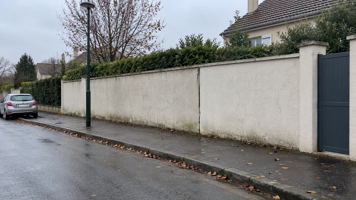 Mur de clôture enduit le long d'un trottoir de banlieue, ouvert par une fissure verticale entre deux pans, un jour de pluie, avec une haie et une maison derrière