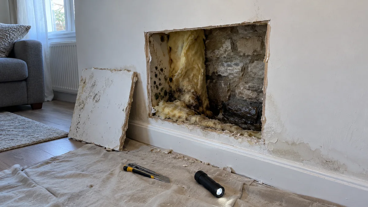 Ouverture découpée dans un doublage en plaque de plâtre au pied d'un mur : dos de la plaque couvert de moisissures noires, laine minérale tassée et humide, mur ancien en pierre mouillé à sa base