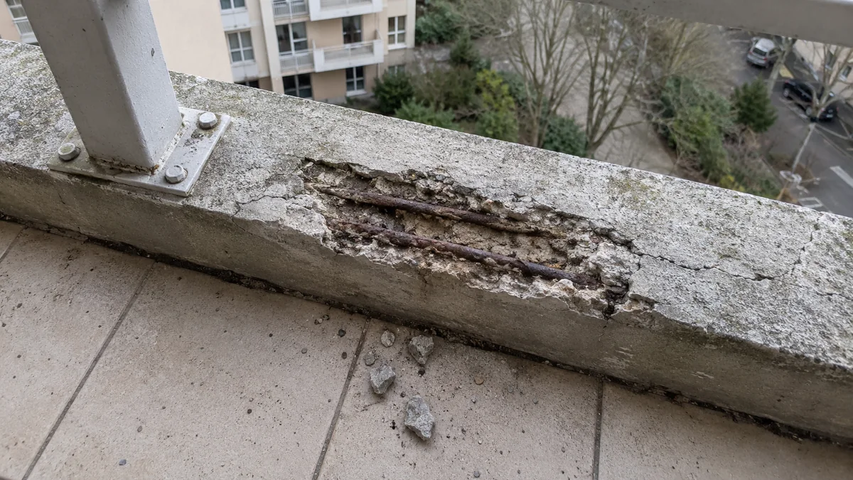 Rebord en béton d'un balcon vu depuis le balcon : une portion de béton a éclaté sur une trentaine de centimètres et laisse voir deux barres d'acier rouillées très proches de la surface, des fragments de béton gisent sur le carrelage à côté d'un poteau de garde-corps