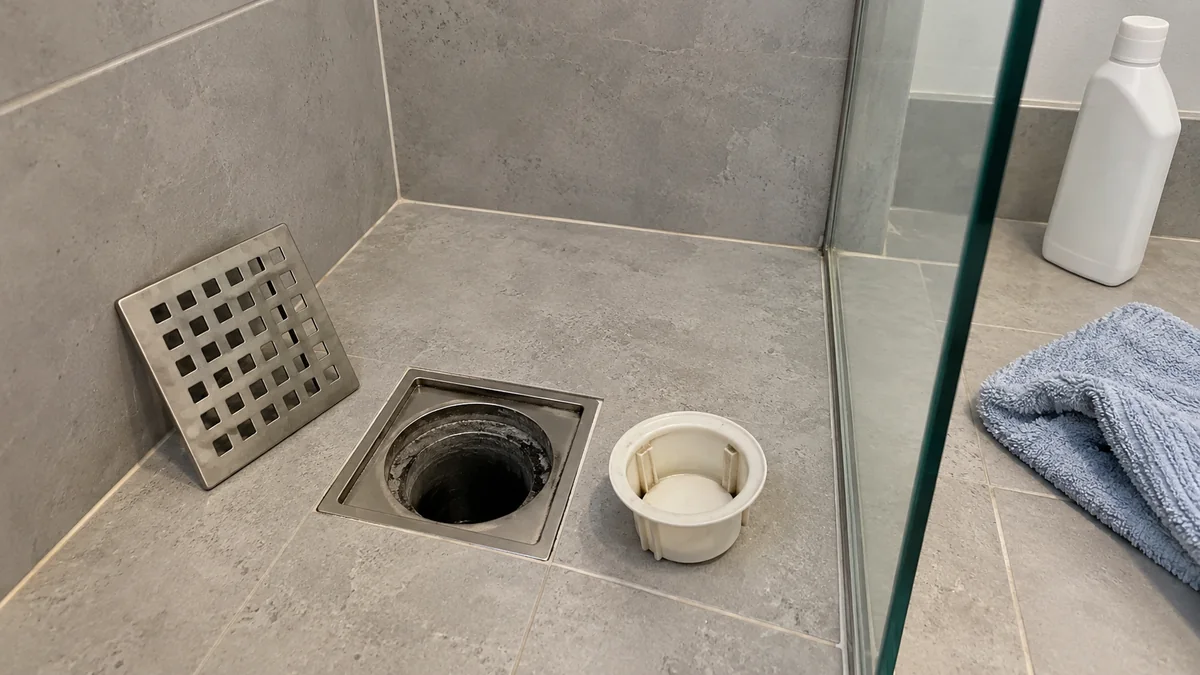 Douche à l'italienne au carrelage gris clair, vue d'en haut : la grille carrée en inox du siphon de sol a été retirée et posée contre le mur, la cloche blanche du siphon est sortie et posée sur le carrelage à côté, et l'ouverture du siphon est sèche et sombre, sans eau au fond