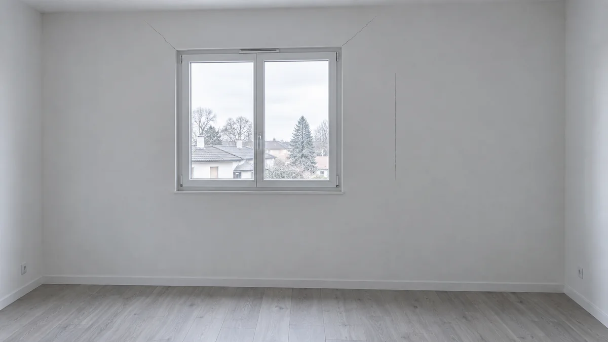 Mur intérieur en plaque de plâtre autour d'une fenêtre dans une maison bois récente, avec deux fissures fines partant en diagonale des angles hauts de la baie et un joint de plaque ouvert