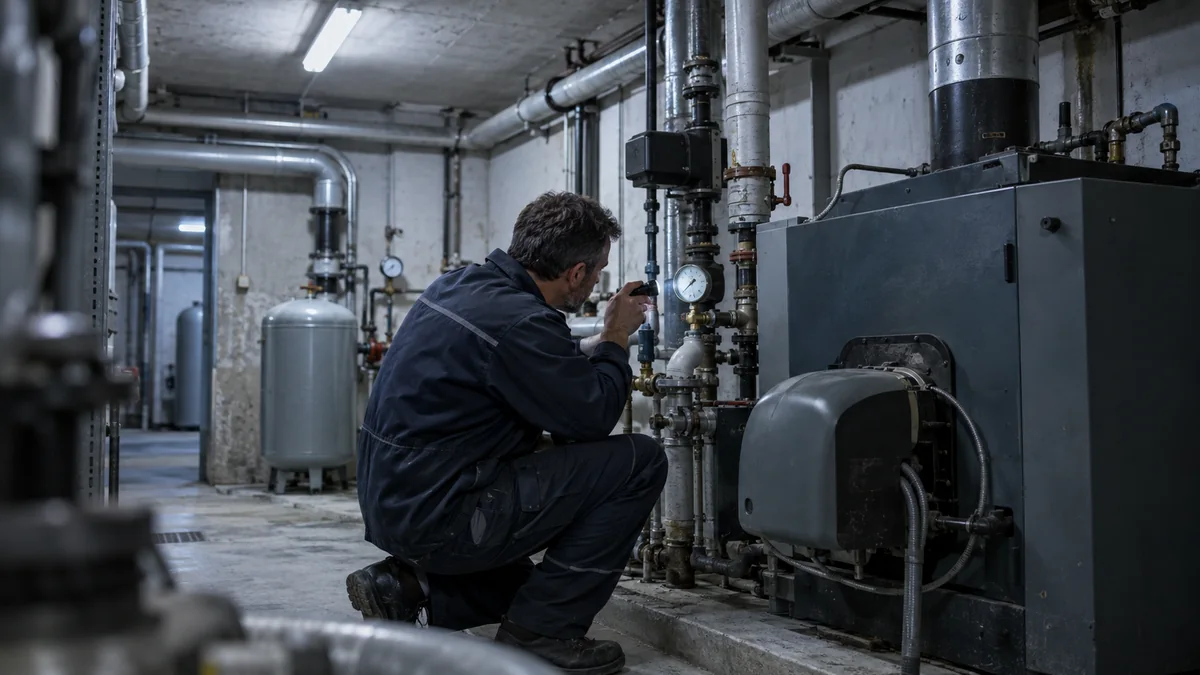 Technicien de chauffage accroupi devant une chaudière collective vétuste dans une chaufferie de sous-sol d'immeuble, vérifiant un manomètre à la lampe torche