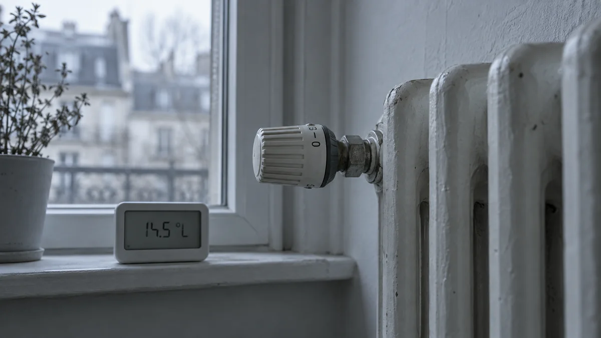 Thermomètre digital posé sur le rebord d'une fenêtre affichant 14,5°C, à côté d'un radiateur en fonte froid dans un appartement parisien