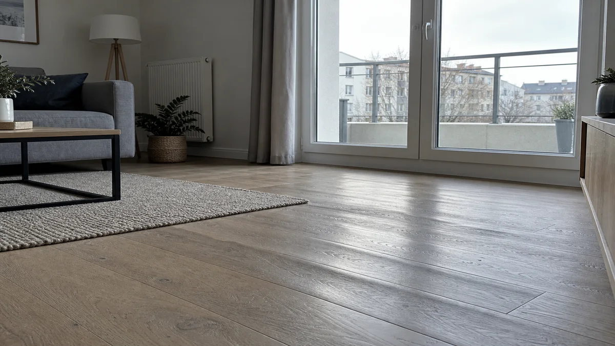 Parquet massif en chêne dans un salon, lames légèrement désalignées près d'une baie vitrée