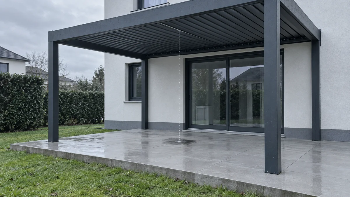 Pergola bioclimatique en aluminium anthracite accolée à une maison, lames fermées sous la pluie, avec de l'eau qui goutte sous la toiture sur la terrasse