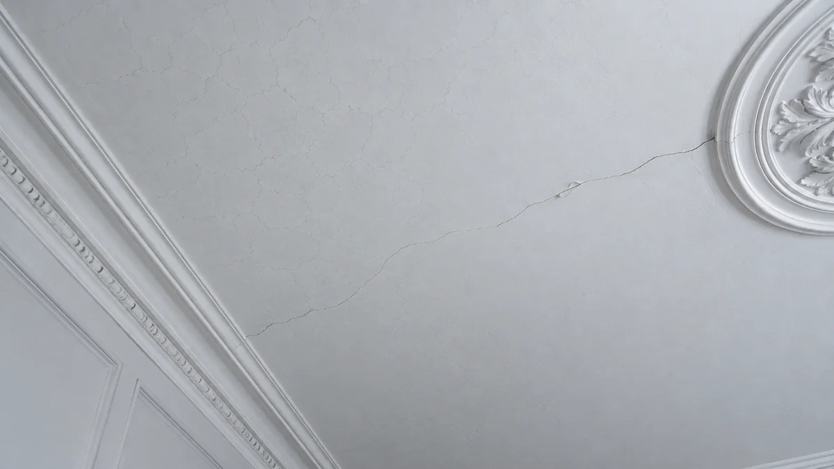 Plafond ancien en plâtre avec corniche moulurée et rosace, parcouru d'un réseau de fines fissures en faïençage et d'une fissure plus longue qui rejoint la corniche