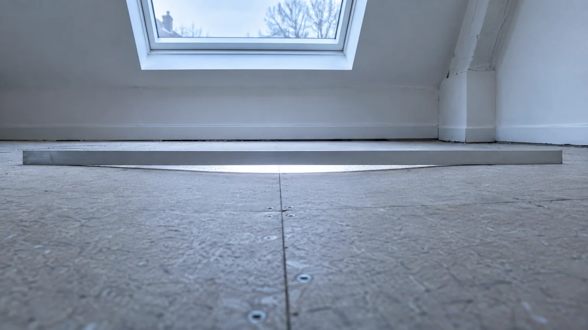 Règle en aluminium posée à plat sur un plancher en panneaux de particules, sous une fenêtre de toit, laissant passer un jour de lumière au milieu de sa longueur là où le plancher s'est creusé