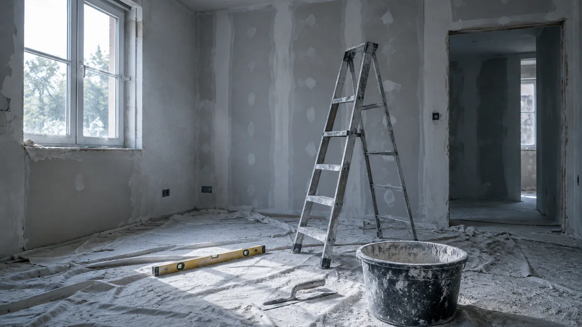 Chantier de rénovation intérieure à l'arrêt, cloisons partiellement montées, escabeau et outils laissés au sol sous une bâche de protection, aucun ouvrier présent