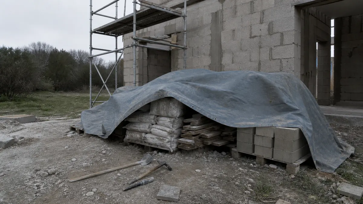 Chantier de rénovation interrompu, matériaux entreposés sous bâche, outils laissés à l'abandon, échafaudage vide, journée grise