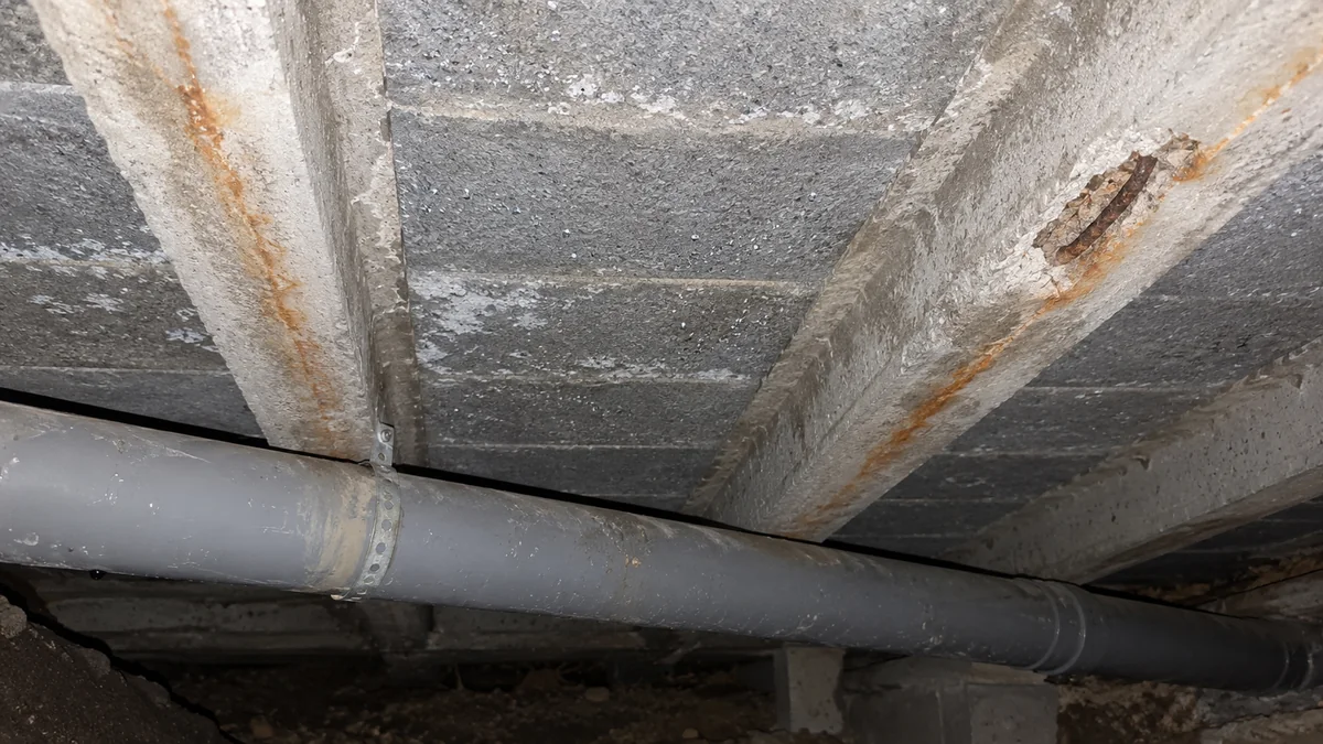 Sous-face d'un plancher vue depuis un vide sanitaire : des poutrelles en béton parallèles portent des coulures de rouille orangées, l'une montre ses aciers apparents là où le béton a éclaté, et une canalisation PVC passe en dessous