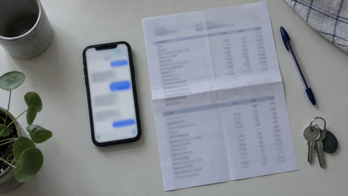 Téléphone affichant une conversation, relevé bancaire plié et trousseau de clés posés sur une table