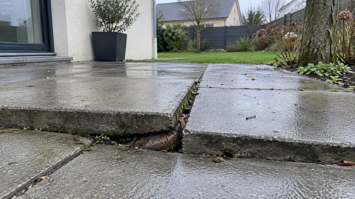 Dalles de terrasse disjointes et soulevées en biais par une grosse racine affleurante