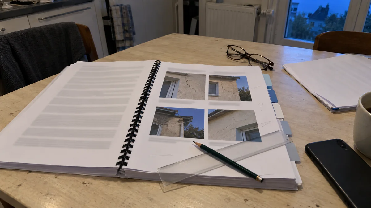 Rapport d'expertise épais, relié par une spirale, ouvert sur une table de cuisine : à gauche du texte flou, à droite une planche de photos d'un mur fissuré, des marque-pages bleus et blancs dépassent de la tranche, un crayon et une règle transparente posés en travers, des lunettes pliées à côté