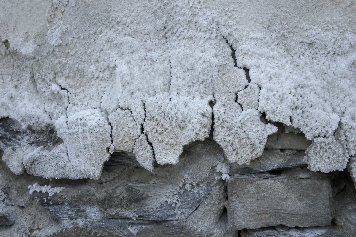 Gros plan sur un mur en pierre ancien avec dépôts blancs cristallisés de salpêtre en surface, enduit fissuré et bombé prêt à se détacher, sur une hauteur régulière depuis le sol