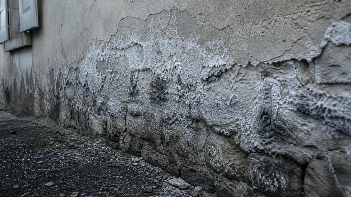 Pied de mur en pierre d'une maison ancienne avec efflorescences blanches de salpêtre, enduit désagrégé et écaillé sur environ 80 centimètres de hauteur, trace d'humidité sombre remontant depuis le sol