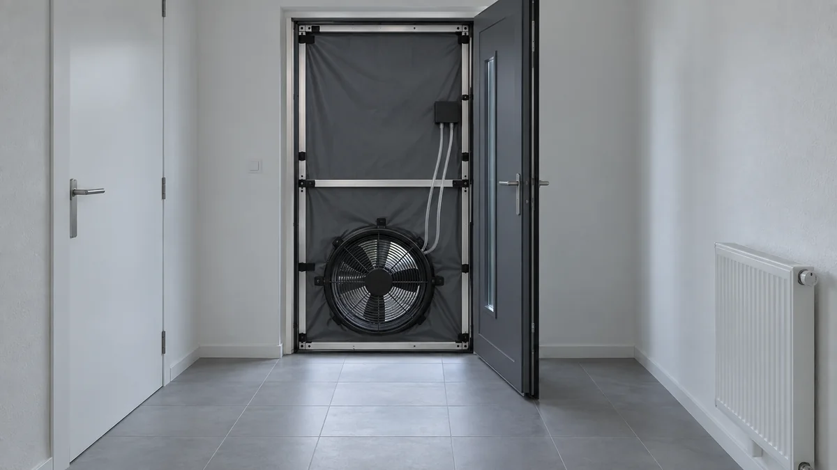 Porte d'entrée d'une maison rénovée fermée par un panneau gris et un ventilateur de test d'étanchéité à l'air, vue depuis le hall