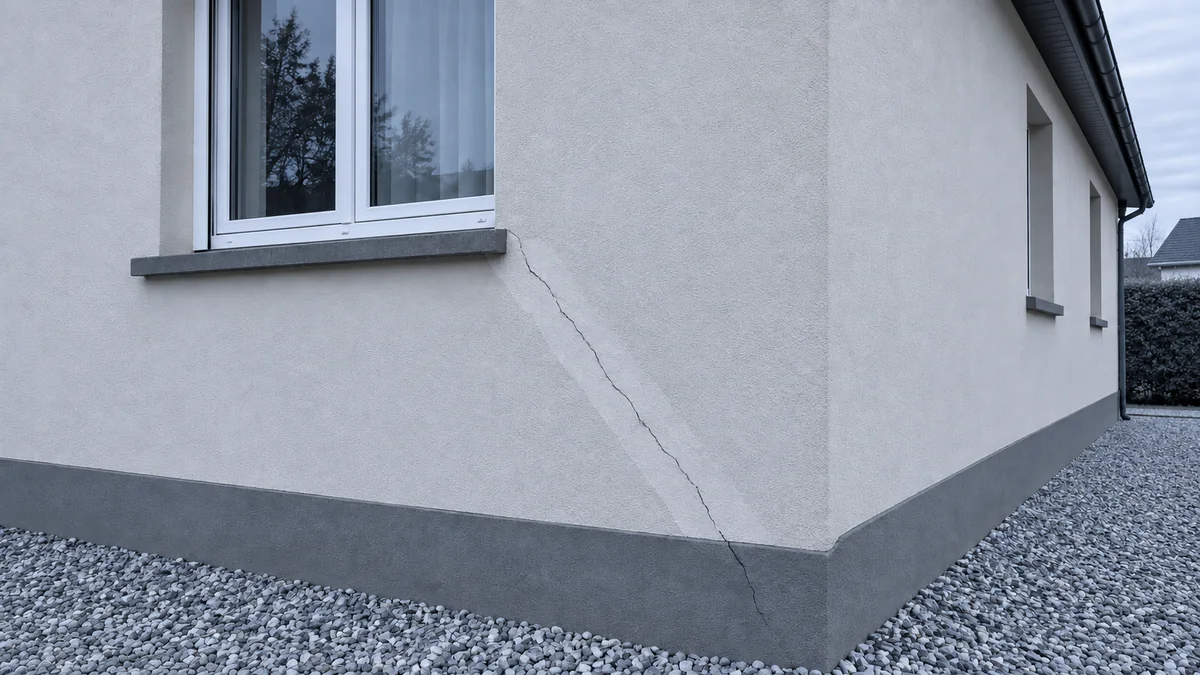 Angle d'une maison enduite en gris clair : une bande d'enduit plus claire marque une ancienne fissure réparée, et une nouvelle fissure fine s'est rouverte à l'intérieur de cette bande