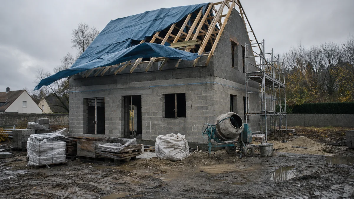 Maison individuelle en cours de construction à l'arrêt en Île-de-France, charpente sous bâche, échafaudage et bétonnière en place, terrain boueux, aucun ouvrier présent