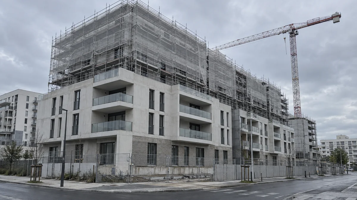 Façade d'un immeuble neuf en construction avec échafaudages, chantier VEFA en Île-de-France sous un ciel couvert