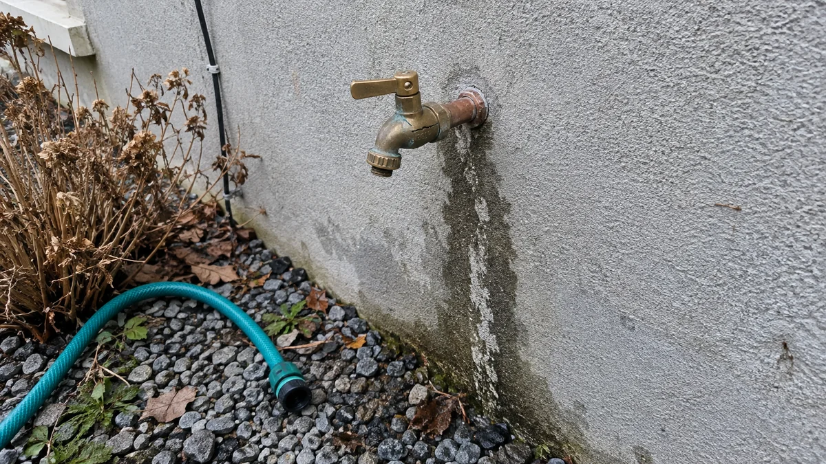 Robinet de jardin en laiton fixé sur un mur crépi gris, le corps du robinet fendu sur le côté, une coulure sombre descend sur l'enduit jusqu'au gravier où traîne un tuyau d'arrosage débranché