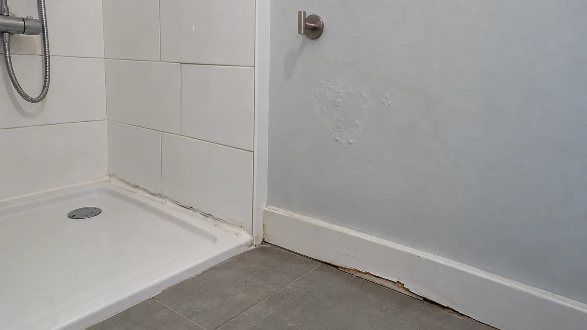 Angle de salle de bains refait après un dégât des eaux : à gauche une douche carrelée en faïence blanche dont les rangées de carreaux ne s'alignent pas et dont le joint silicone au pied du receveur est bavé et noirci, au centre un mur peint en gris clair où la peinture a cloqué sur une zone d'une vingtaine de centimètres, à droite une plinthe blanche gonflée et éclatée à sa base au contact du carrelage de sol gris