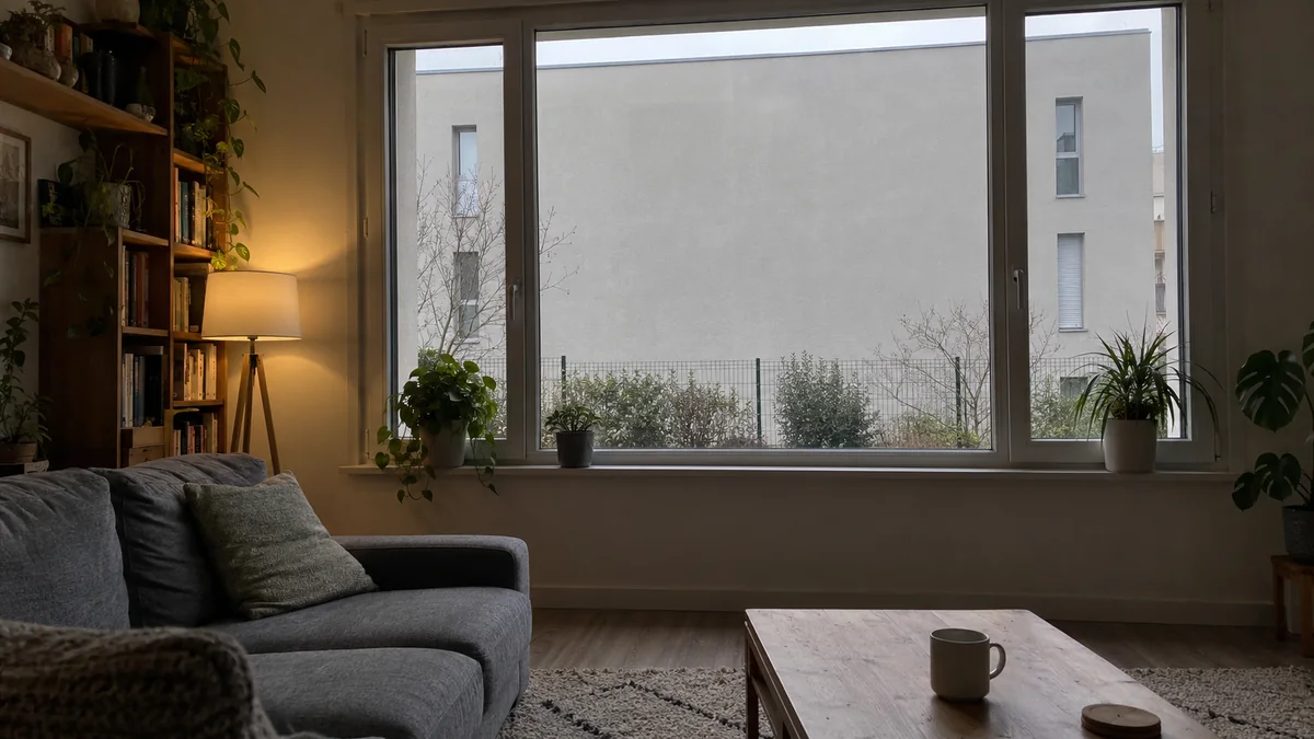 Séjour d'une maison de banlieue en début d'après-midi d'hiver : la grande fenêtre ne montre plus que le mur enduit gris clair d'un immeuble neuf situé à quelques mètres, avec une mince bande de ciel en haut, et un lampadaire allumé en plein jour à côté du canapé