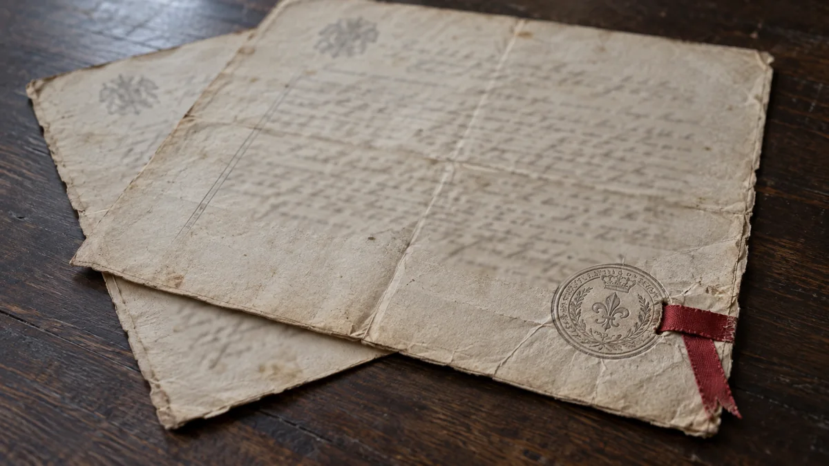 Ancien acte notarié en papier jauni, plié, avec un sceau gaufré et un ruban rouge, posé sur un bureau en bois sombre