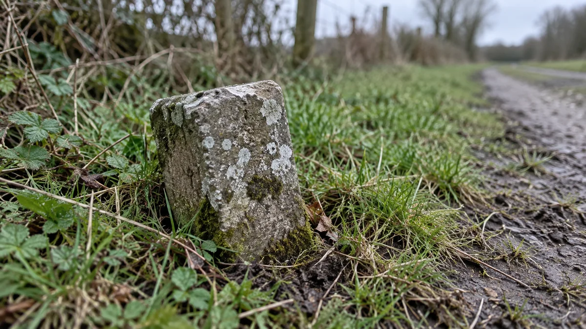 Borne cadastrale en pierre grise, ancienne et couverte de lichen, à moitié enfoncée dans l'herbe au bord d'un chemin de terre