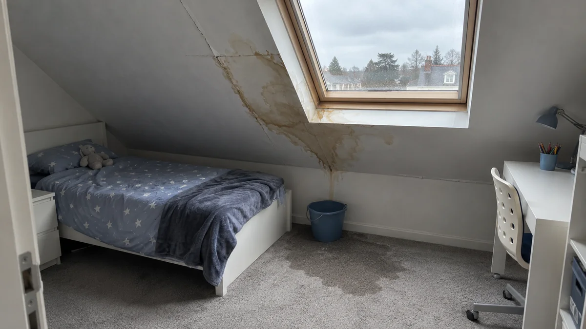 Chambre d'enfant aménagée sous les combles : grande tache d'eau brune sur le rampant en plaque de plâtre à côté de la fenêtre de toit, seau posé au sol et moquette mouillée