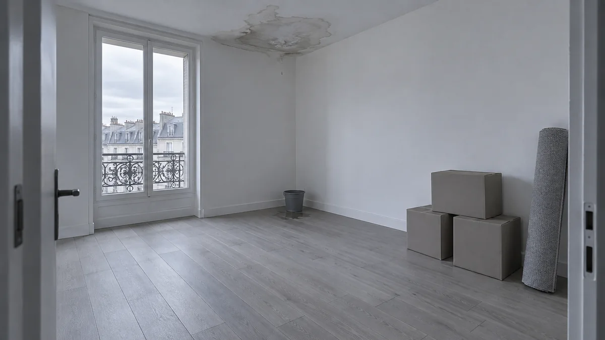 Séjour vide d'un appartement haussmannien prêt à être remis à l'acquéreur, cartons de déménagement contre le mur, avec une large tache d'eau au plafond près de la fenêtre et un seau posé au sol pour recueillir les gouttes