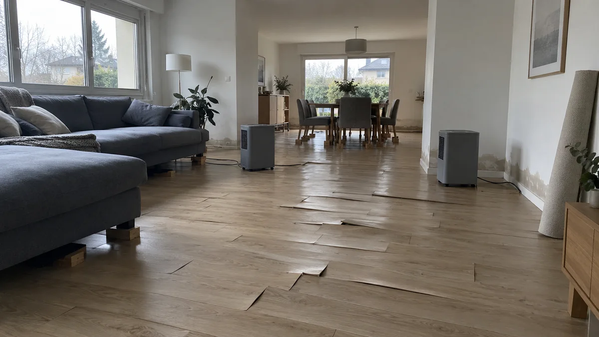 Grand séjour ouvert sur la salle à manger après une fuite : parquet stratifié gonflé et soulevé sur toute la surface, deux déshumidificateurs au sol, canapé surélevé sur des cales, tapis roulé contre le mur