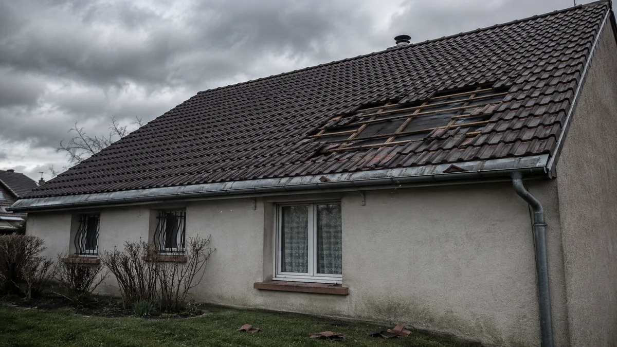 Toiture de pavillon francilien après un coup de vent, pan de tuiles arraché et liteaux mis à nu