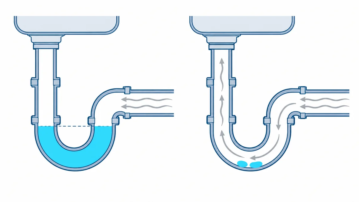 Illustration technique en coupe de deux siphons en U identiques sous un lavabo : à gauche, le coude est rempli d'eau et les flèches de gaz venant de la canalisation s'arrêtent contre la surface de l'eau ; à droite, le coude est vide, quelques gouttes au fond, et les mêmes flèches traversent le siphon et remontent vers le lavabo