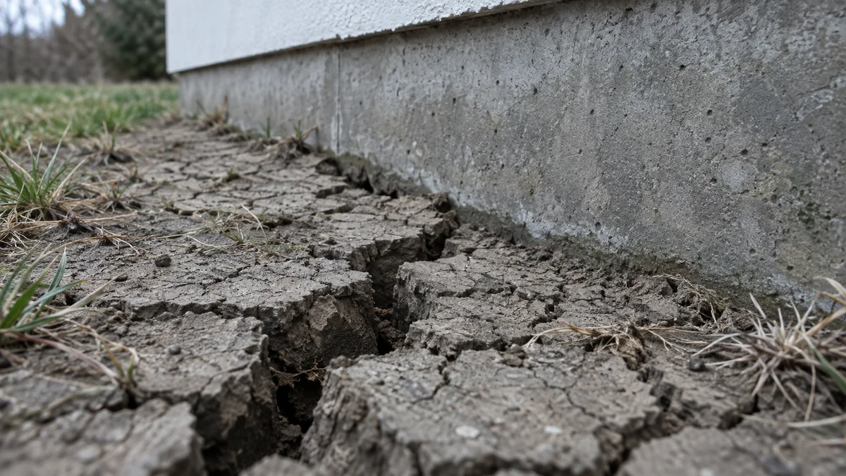 Sol argileux fissuré en profondeur par le retrait, au pied du soubassement en béton d'une maison
