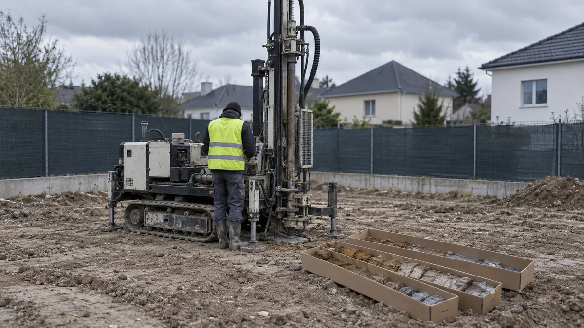Foreuse géotechnique compacte sur un terrain nu et caisses de carottes de sol prélevées lors d'un sondage
