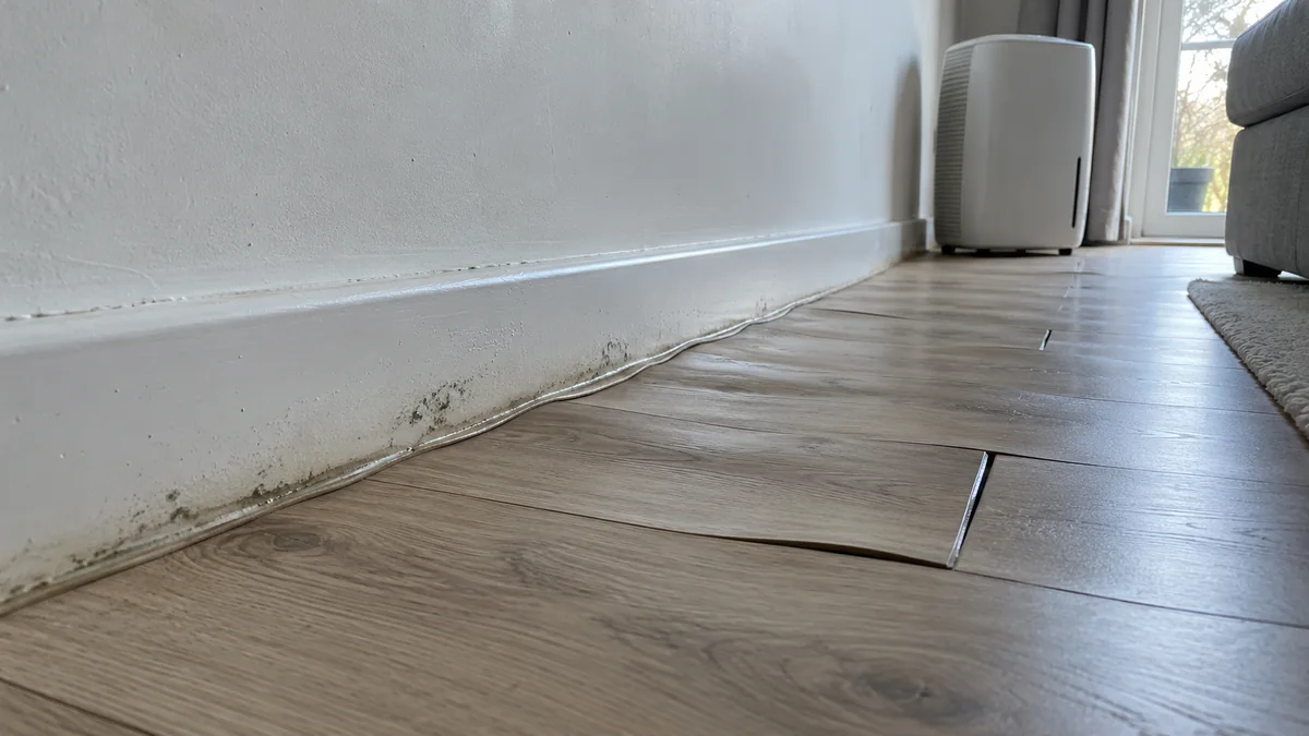 Sol stratifié d'un salon dont les lames ont gonflé et se soulèvent le long du mur, avec des joints ouverts ; la plinthe blanche est couverte de petites taches de moisissure noires, et un déshumidificateur est posé au fond de la pièce