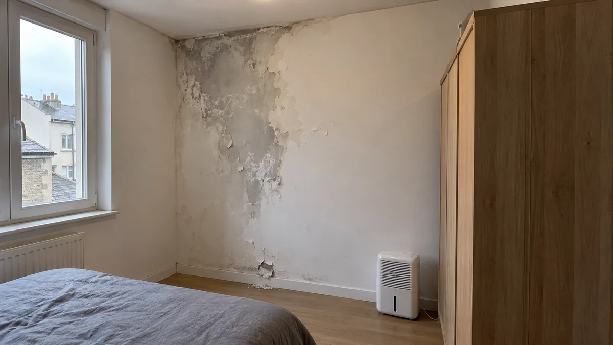 Chambre dont le mur de côté, ancien mur mitoyen, porte une grande tache d'humidité grise partant de l'angle du plafond, avec une peinture cloquée et écaillée et du plâtre effrité au ras de la plinthe ; un petit déshumidificateur blanc est posé au sol entre le lit à couverture grise et une armoire en bois