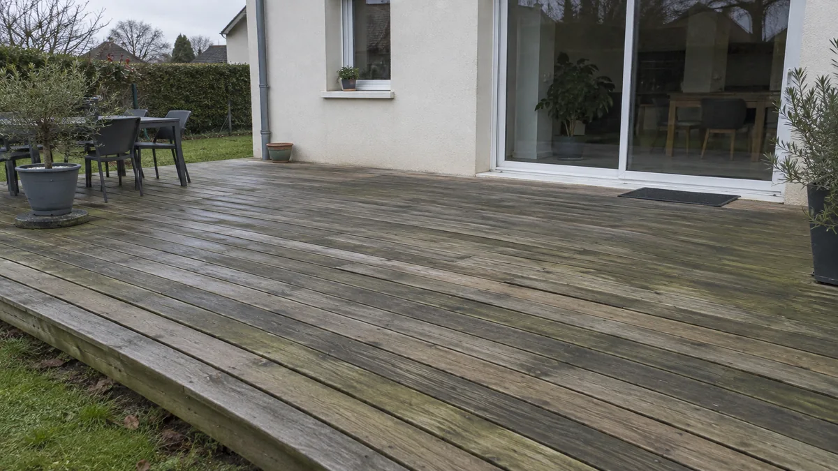 Terrasse en bois d'un pavillon, lames irrégulièrement grisées et espacées, vue en légère plongée depuis la porte-fenêtre du salon