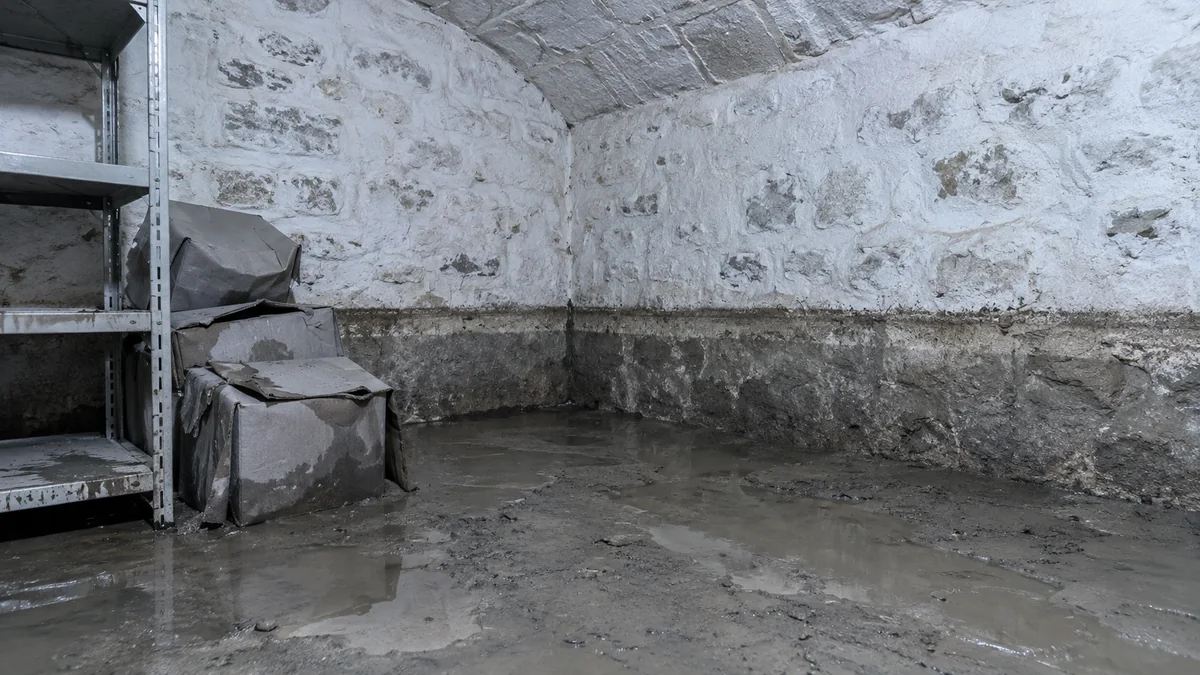 Angle d'une cave voûtée après le retrait des eaux, avec une trace horizontale sombre et continue à environ trente centimètres du sol sur les deux murs, un sol couvert de limon humide et des cartons effondrés contre une étagère métallique