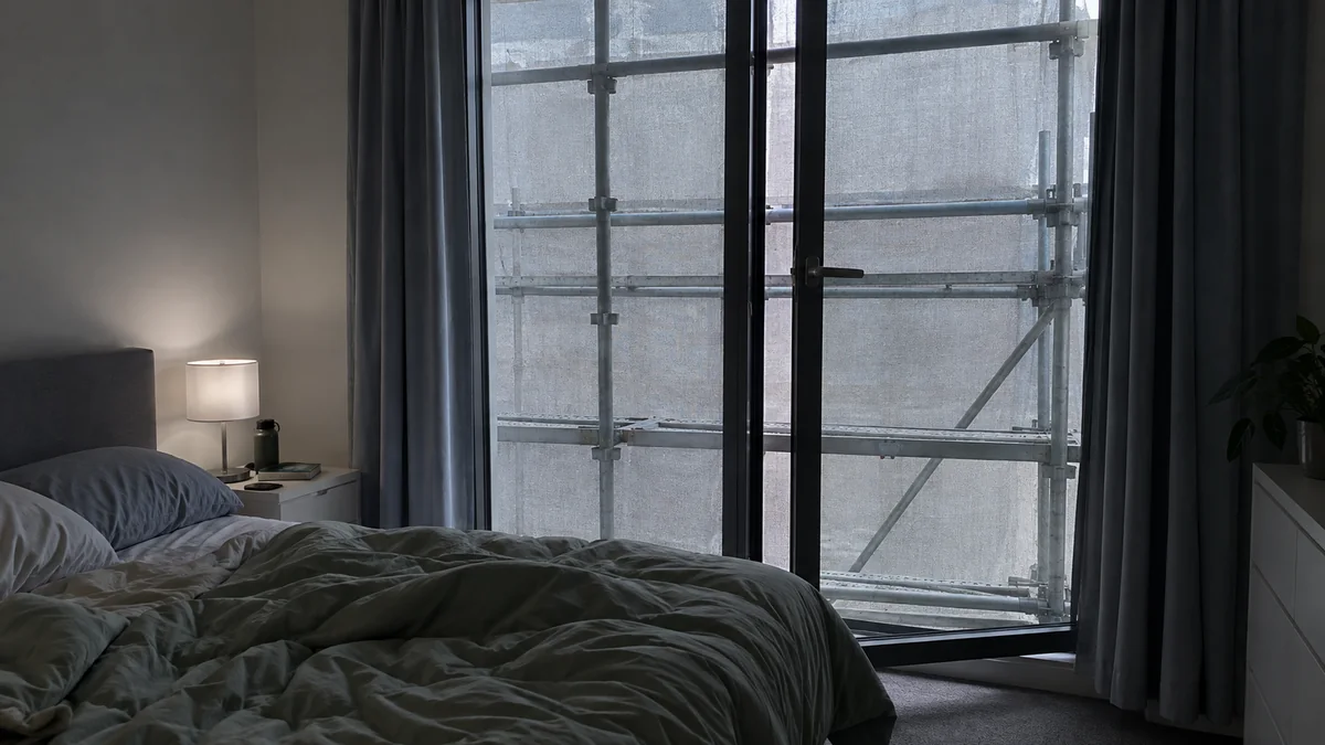 Chambre plongée dans la pénombre, lit défait, porte-fenêtre entièrement masquée par un échafaudage de façade tendu d'un filet de protection blanc