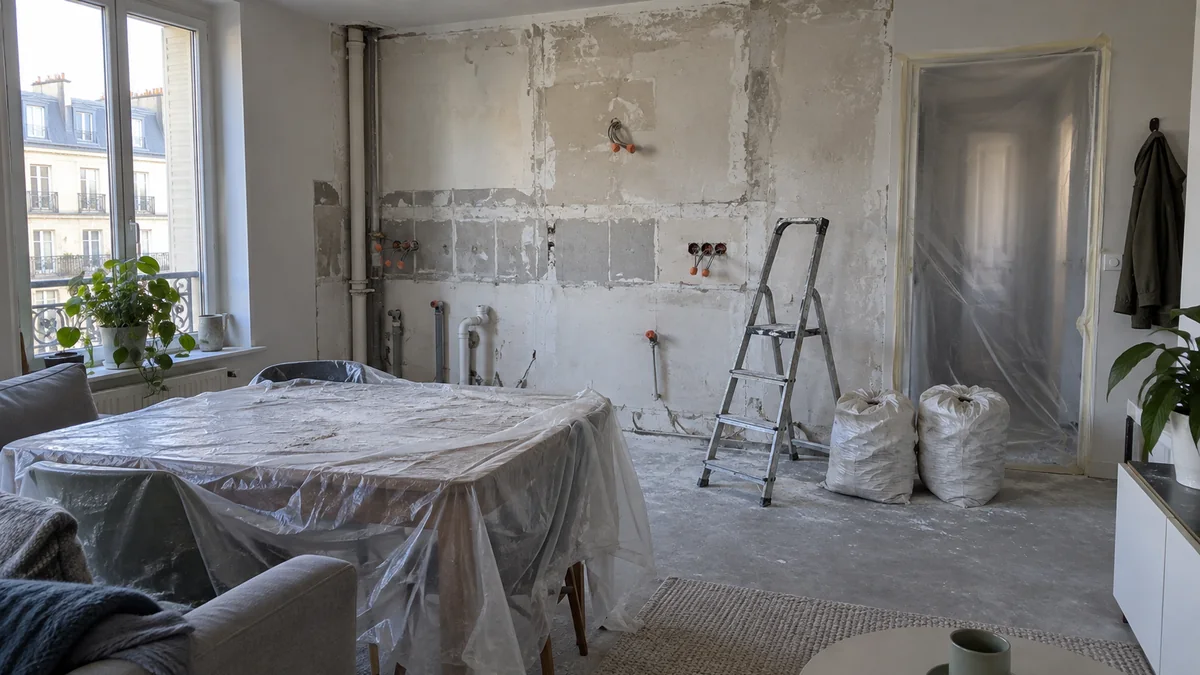 Cuisine d'un appartement loué en travaux : meubles hauts déposés, mur en plâtre brut avec arrivées d'eau bouchonnées, bâche de protection scotchée sur la porte, escabeau et sacs de gravats, table du locataire couverte d'un film plastique poussiéreux