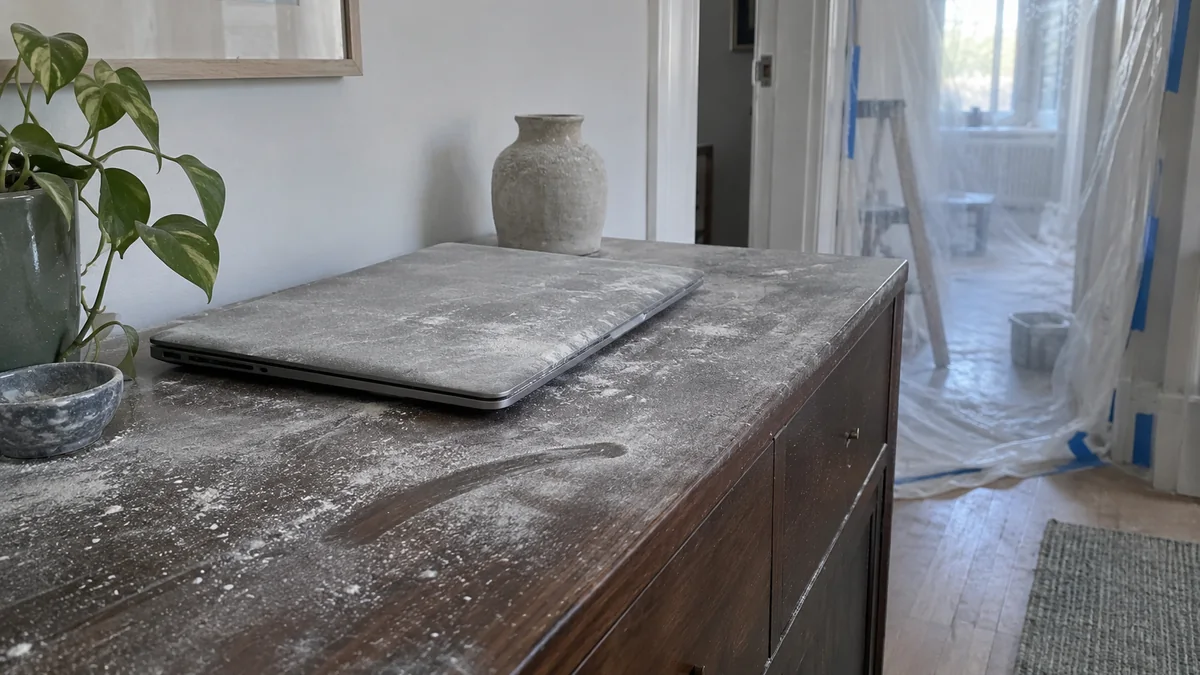 Commode en bois et ordinateur portable fermé recouverts d'une couche de poussière de plâtre, trace de doigt sur le plateau, pièce voisine en travaux protégée par une bâche plastique scotchée à l'encadrement de la porte