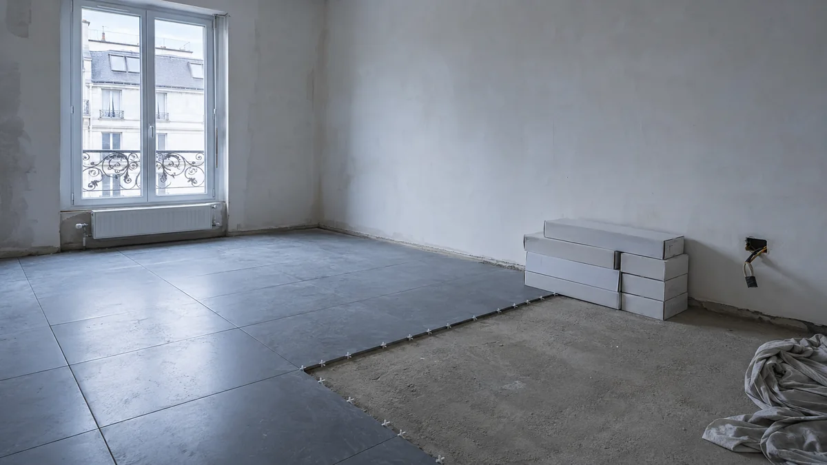 Séjour d'appartement parisien en fin de chantier avec un carrelage posé à moitié et des cartons de matériaux restants