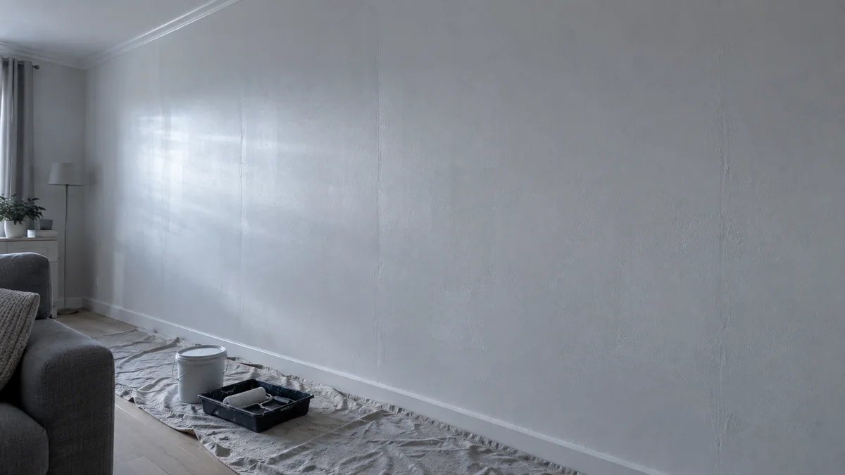 Mur de séjour fraîchement peint éclairé en lumière rasante, laissant apparaître les joints de plaques de plâtre et des traces de rouleau