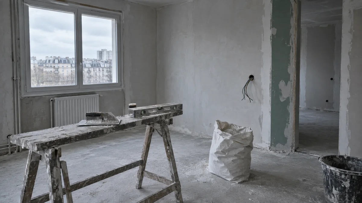 Intérieur d'un logement laissé en plein chantier de rénovation, cloison inachevée et outils abandonnés